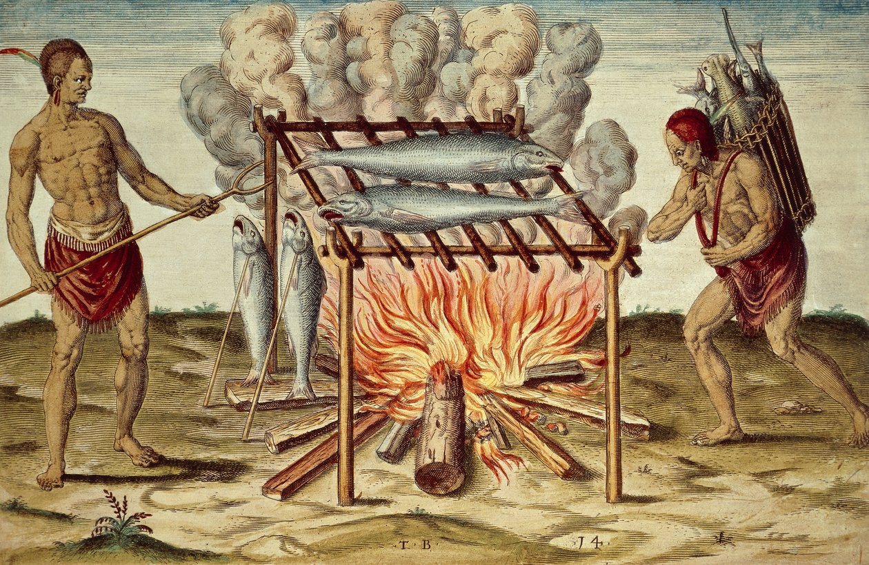 Domorodci z Taina vařící ryby, barevná rytina od Theodora de Bry (1528-1598) z malby Johna Whitea, z Stručné a pravdivé zprávy o nově nalezené zemi Virginie od Theodore de Bry