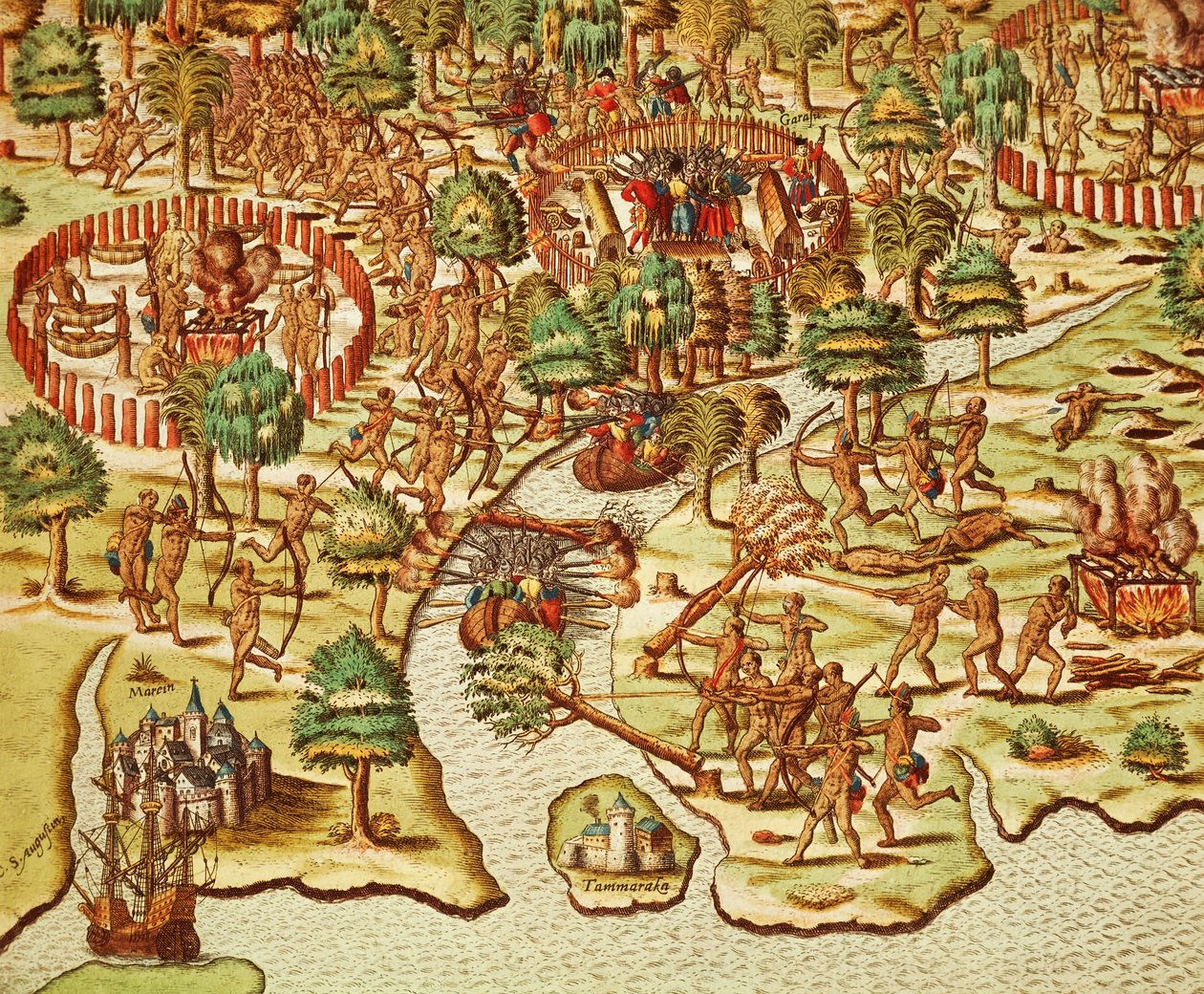 Techniky obléhání a útoku, rytina Theodora de Bry (1528-1598), z Americae tertia pars od Theodore de Bry