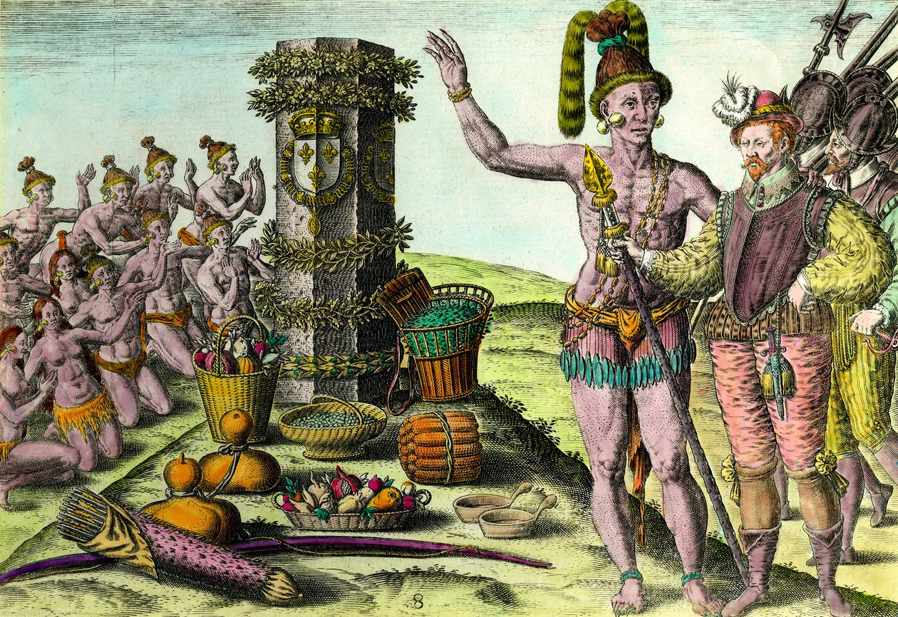 Floridské přišel sloup erigee od francouzského mořeplavce Jeana Ribaulta (1520-1565) z první expedice na Floridu Rytina z „Historie Ameriky“ od Theodora De Bryho (1528-1598) Soukromá sbírka 16. století od Theodore de Bry