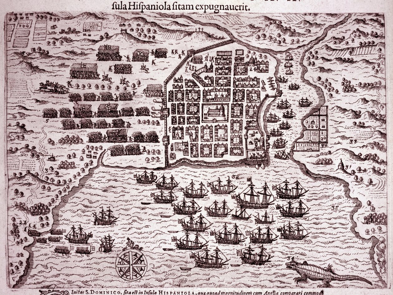 Flotila Francise Drakea okupuje ostrov Santo Domingo (rytina od Theodore de Bry