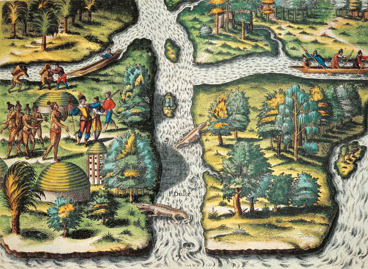 Francouzi pomáhají domorodcům sehnat jídlo od Theodore de Bry