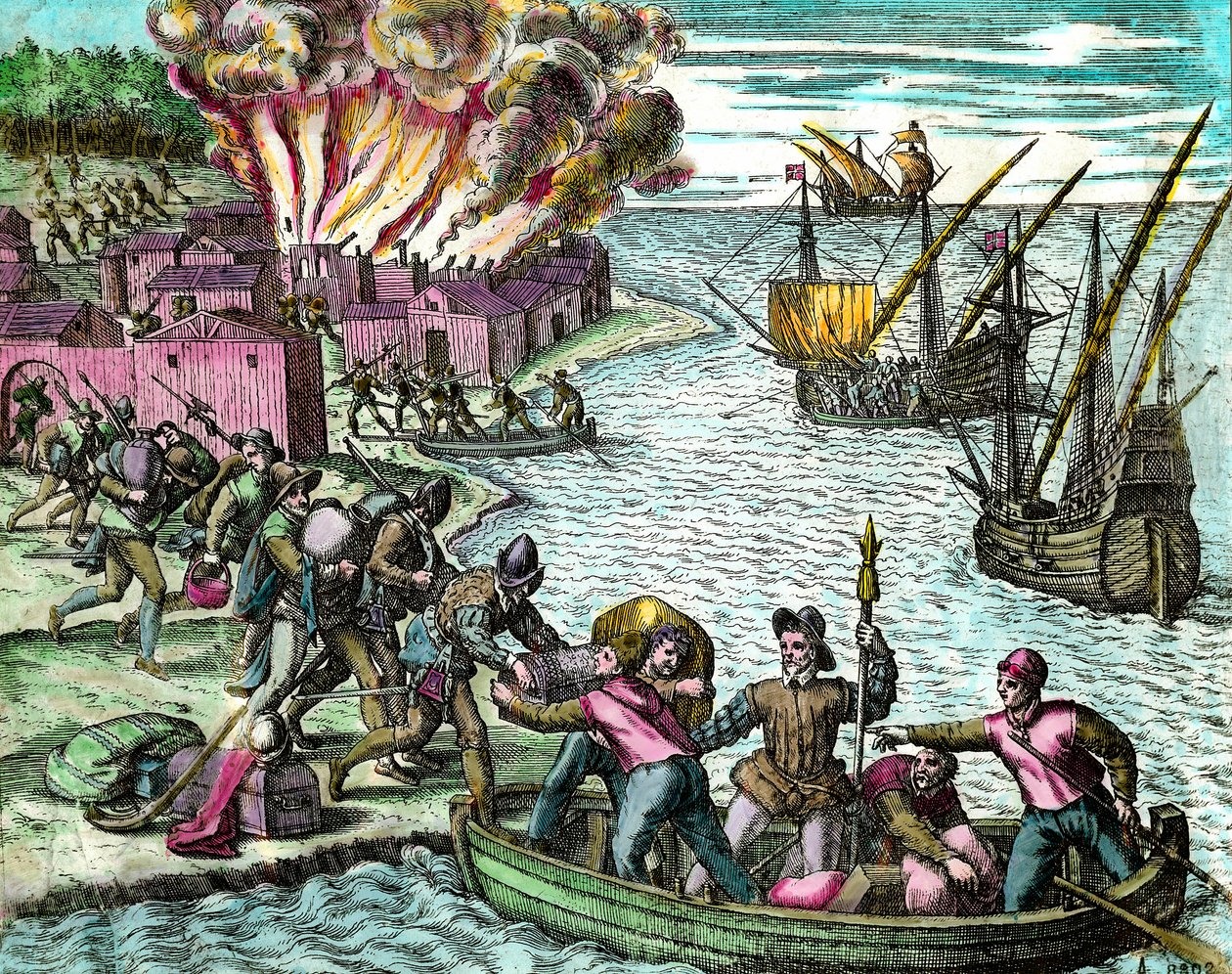 Francouzi plení a vypalují město Chioreran Rytina z „Historie Ameriky““ od Theodora de Bry (1528-1598) Soukromá sbírka ze 16. století od Theodore de Bry