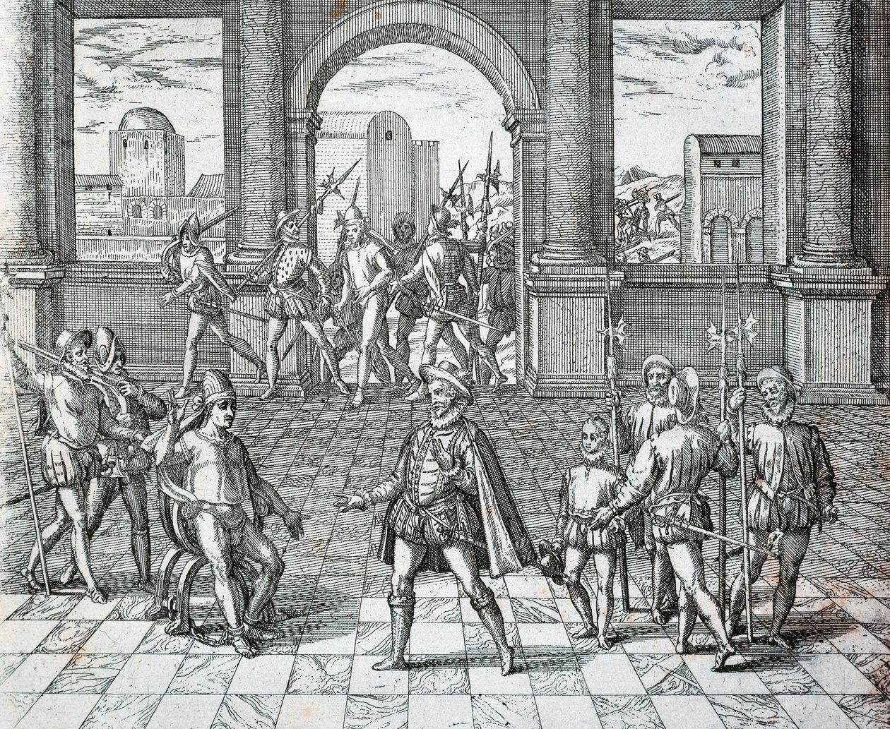 Incký král Atahualpa je zajat Španěly v Cajamarce, Ilustrace z americké historie Theodore de Bry od Theodore de Bry