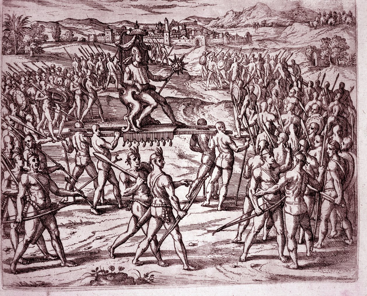 Incký král Atahualpa (nebo Atabaliba), držící žezlo ve tvaru slunce, je nesen na nosítkách, aby se setkal s Franciscem Pizarrem (rytina od Theodore de Bry