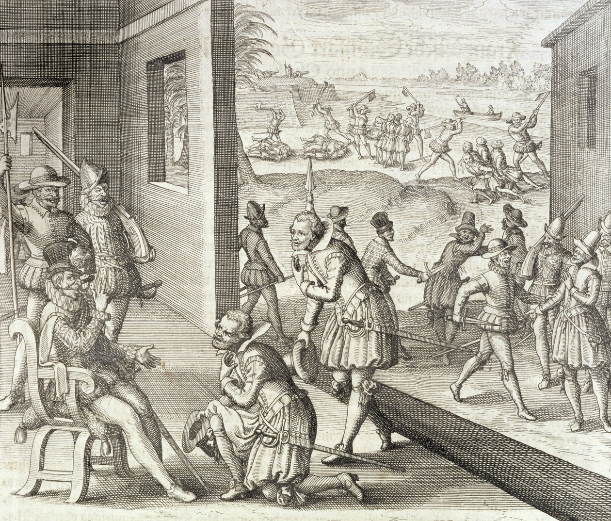 Španělské dobytí pevnosti Caroline, 1565, z knihy "Newe Welt und Americanische Historien" od Johanna Ludwiga Gottfrieda, vydané Mattaeusem Merianem, Frankfurt, 1631. od Theodore de Bry