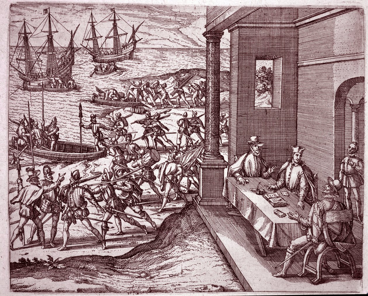 Španělští dobyvatelé Francisco Pizarro, Diego de Almagro a Hernando de Luque spojili své síly, aby dobyli Peru (rytina od Theodore de Bry