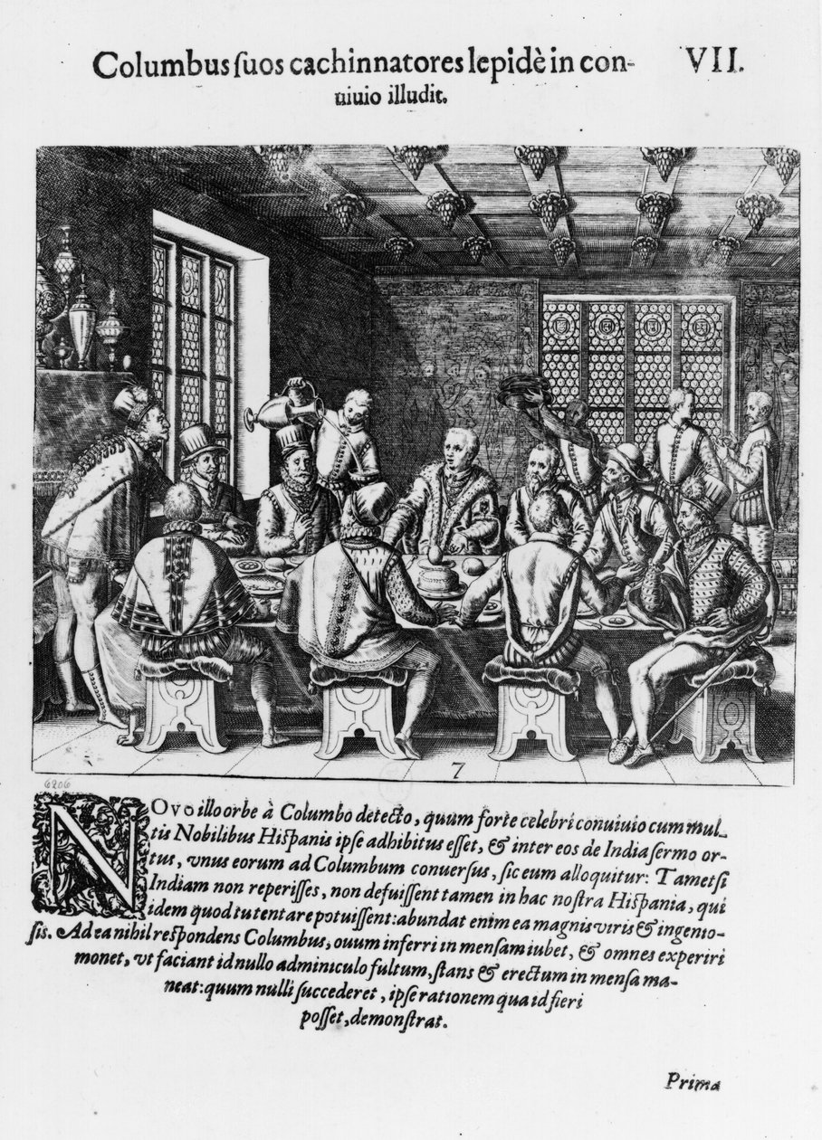 Příběh vejce Kryštofa Kolumba (1450-1506) 1585-88 (rytina) (černobílá fotografie) od Theodore de Bry