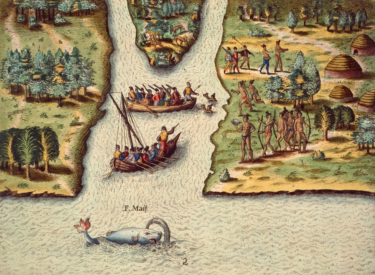Příchod Francouzů, rytina Theodora de Bry (1528-1598), z knihy Pojednání o Floridě. od Theodore de Bry