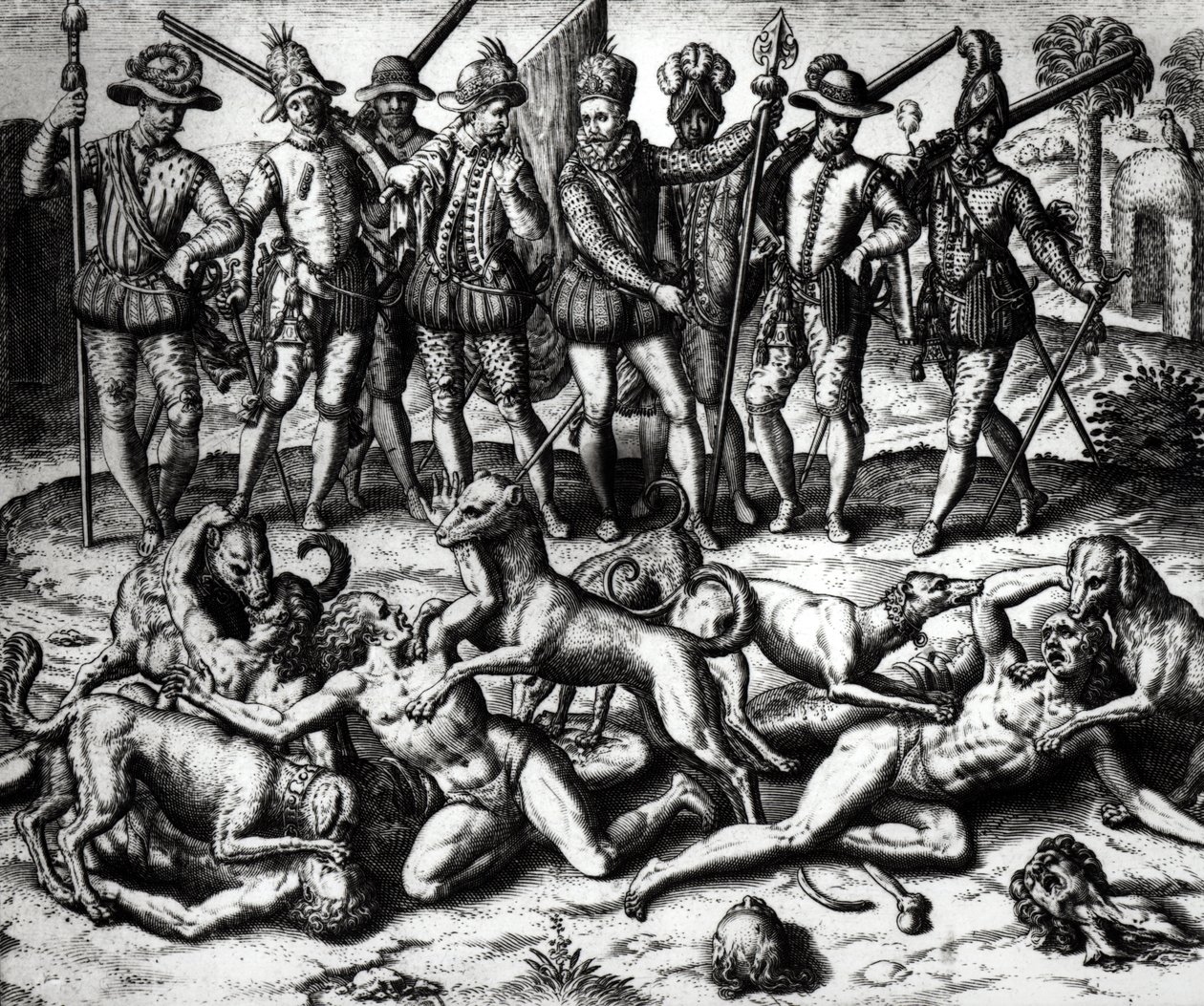 Psi Vasco Nunez de Balboa (1475-1571) útočící na Indiány od Theodore de Bry
