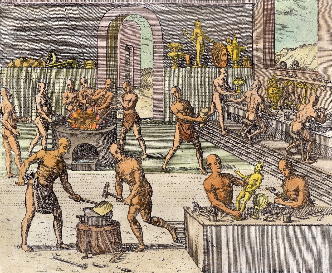 Dílna Atahualpových zlatníků v Quitu, z vyprávění Girolama Benzoniho, z „Newe Welt und Americanische Historien“ od Johanna Ludwiga Gottfrieda, nakladatelství Mattaeus Merian, Frankfurt, od Theodore de Bry