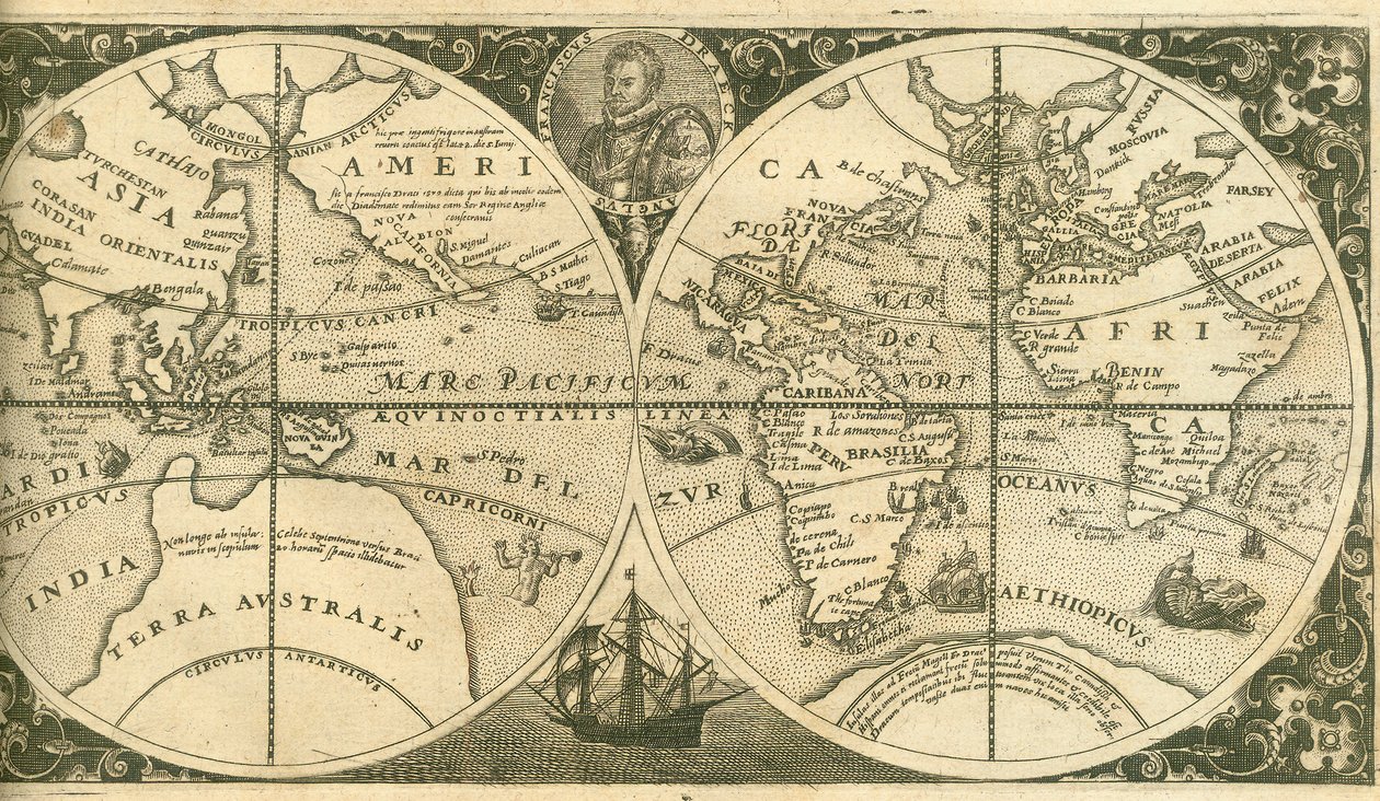 Titulní strana Americae Pars VIII s portrétem Francise Drakea a jeho lodi, Golden Hind, 1 od Theodore de Bry