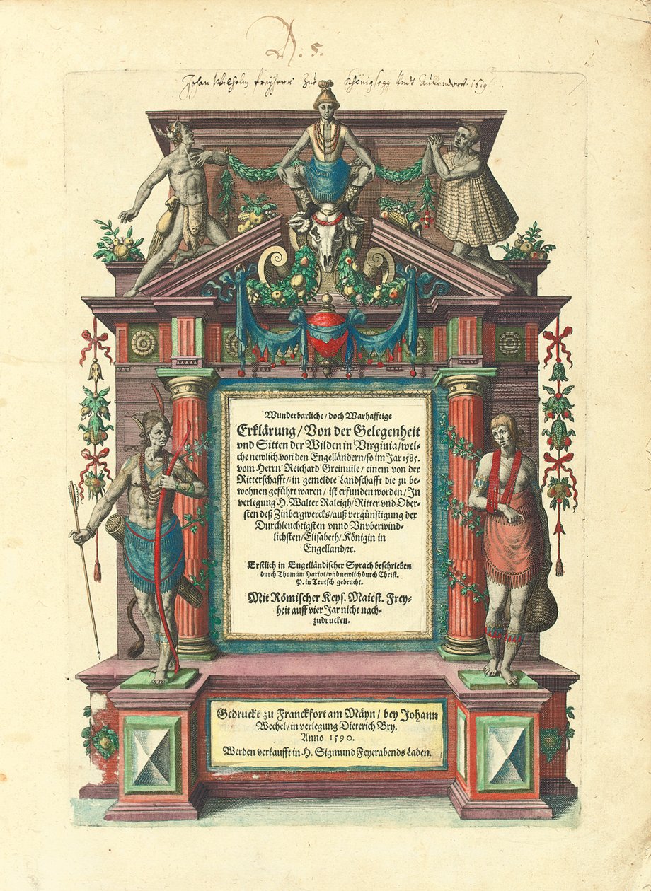 Titulní strana prvního vydání v němčině první části „Great Voyages: America“, 1590 od Theodore de Bry