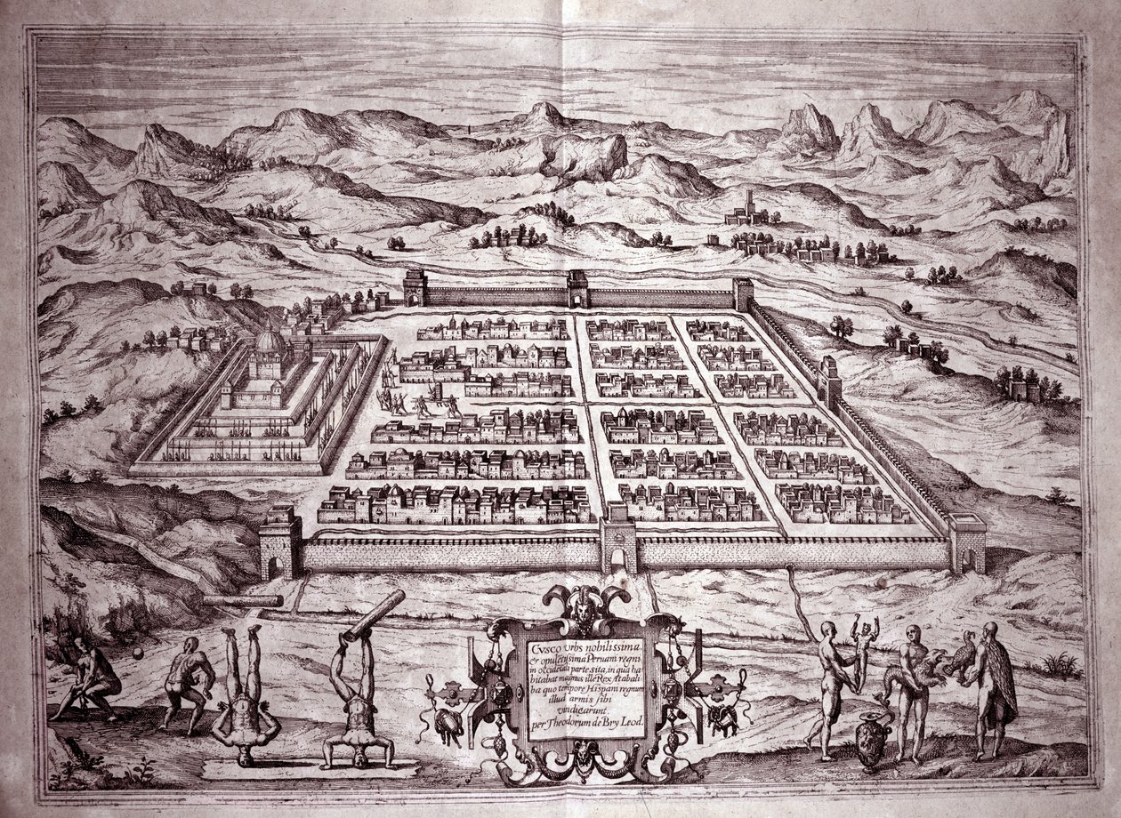 Pohled na incké město Cuzco, Peru (rytina od Theodore de Bry