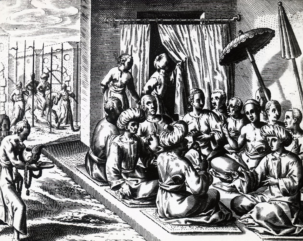 Svatební obřad v Bantamu na ostrově Jáva, autor Theodor de Bry (1528-1598). rytina od Theodore de Bry