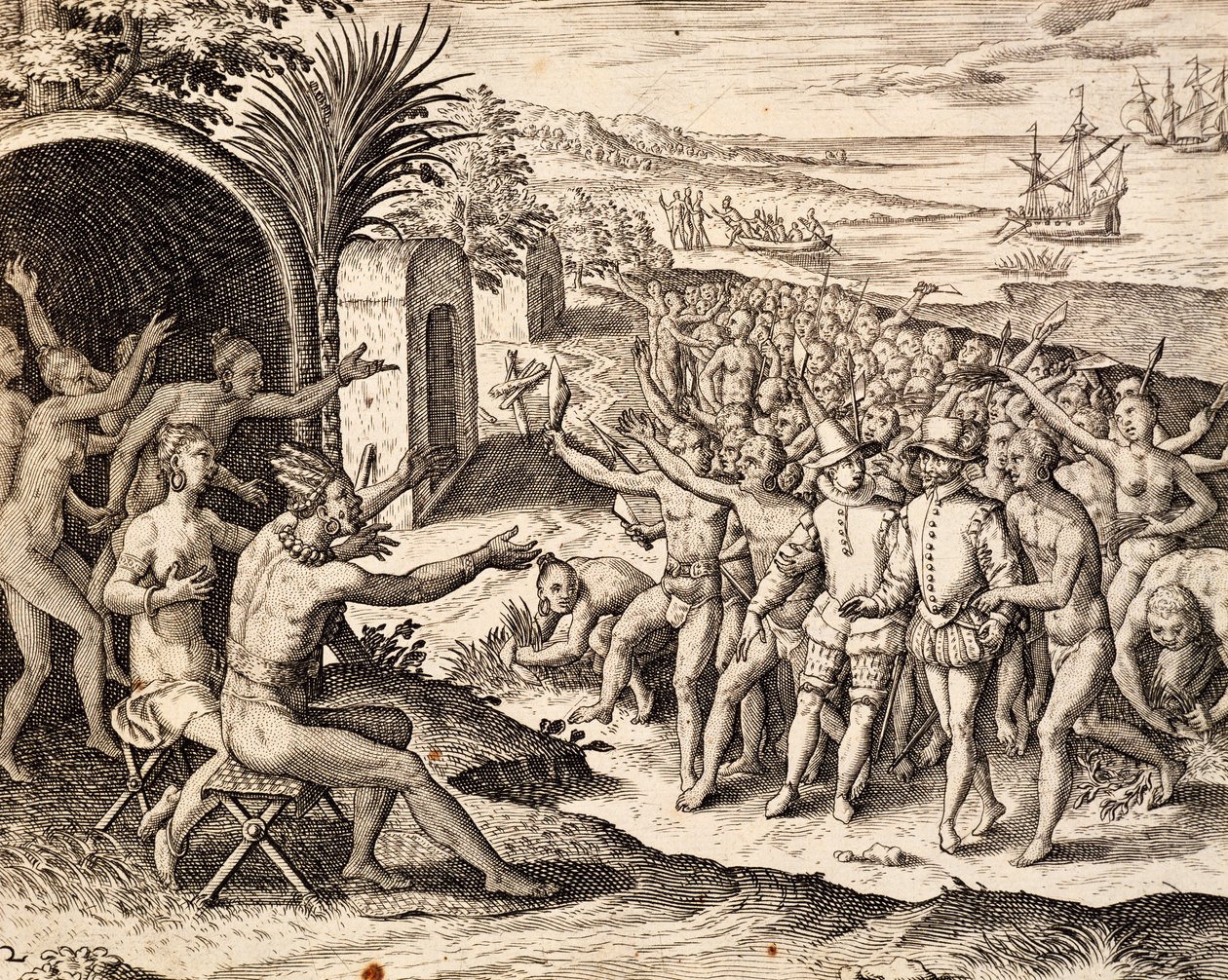 Vítající holandština, rytina z díla India orientalis, Theodor de Bry (1528-1598), Indonésie od Theodore de Bry
