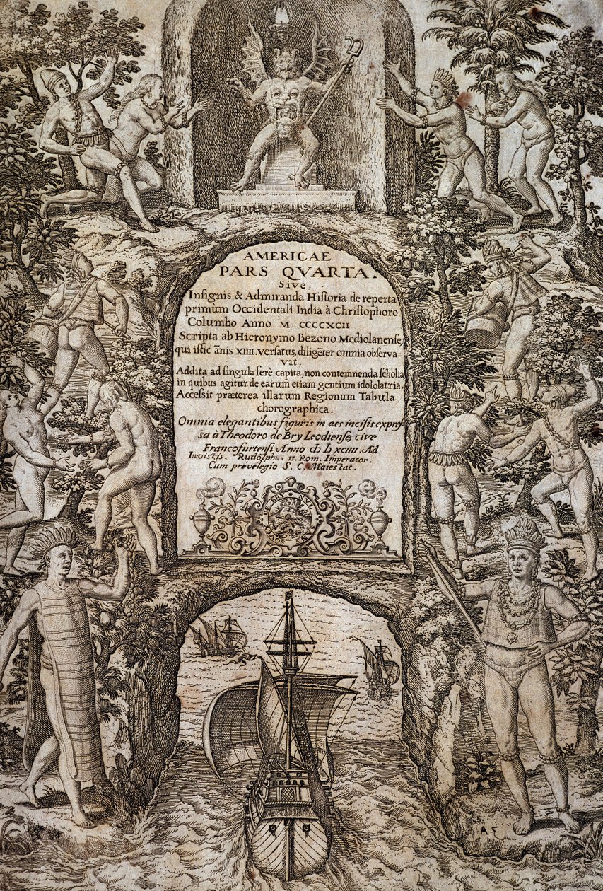 Západní Indie nebo Amerika, Theodor de Bry (1528-1598), frontispis, rytina od Theodore de Bry