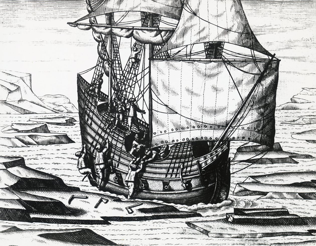 Loď Williama Barentse (asi 1550-1597) během třetí holandské expedice při hledání severovýchodní cesty, Theodor de Bry (1528-1598), rytina od Theodore de Bry