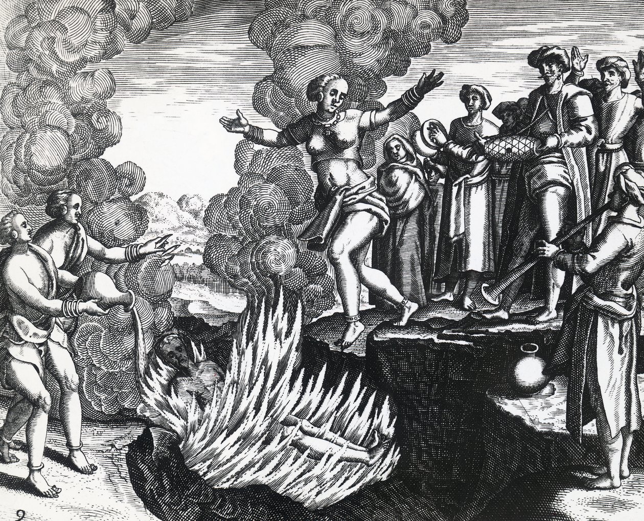 Žena vrhající se na manželovu hranici, Theodor de Bry (1528-1598), rytina od Theodore de Bry