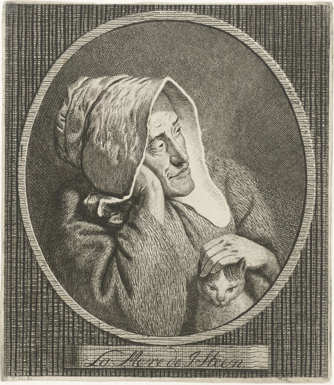 Stará žena s kočkou La Mere de J. Steen (název na objektu) od Theodorus de Roode