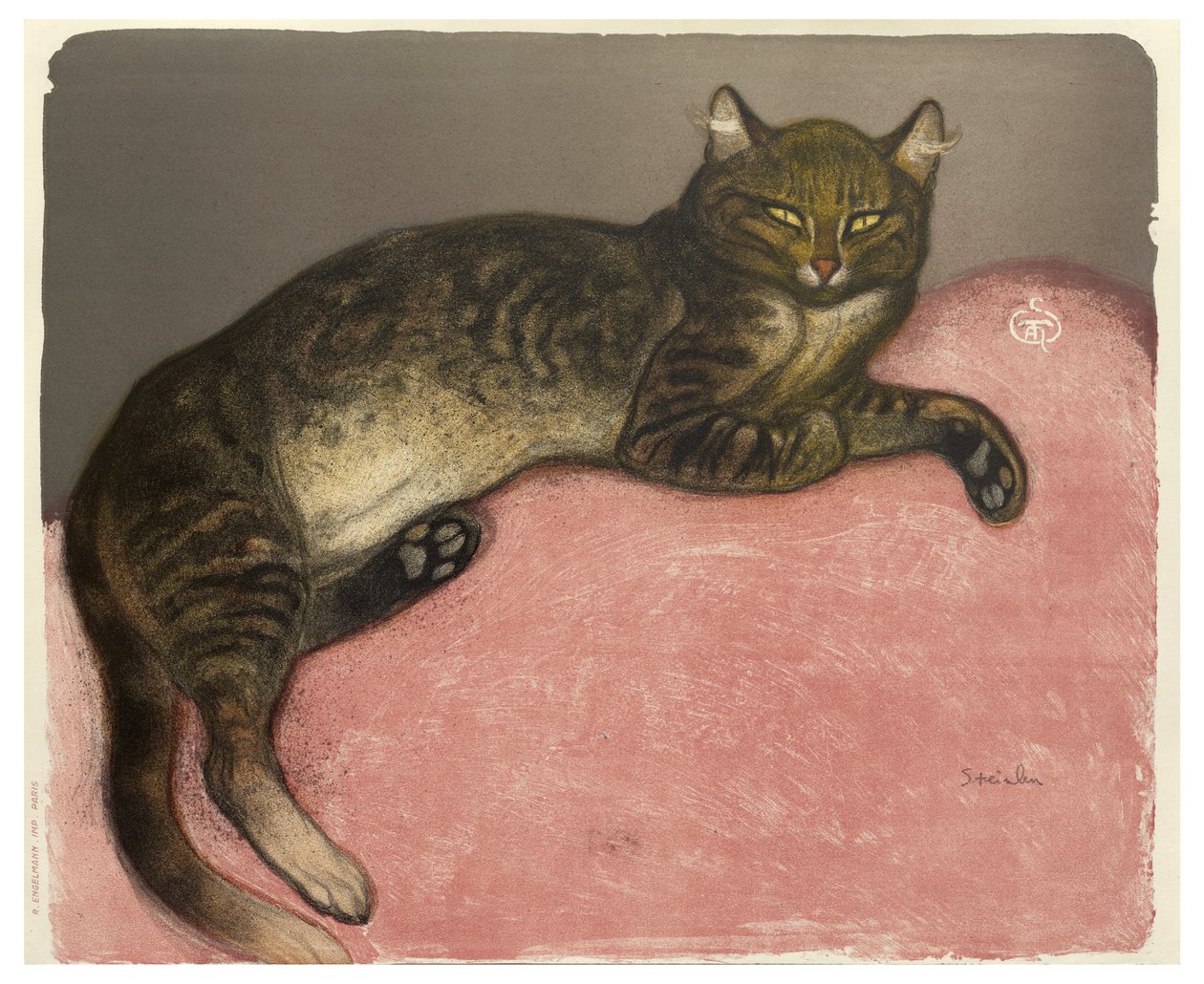 LHiver, Chat sur un coussin, 1909 (barevné lito na smetanově tkaném papíře) od Théophile Alexandre Steinlen