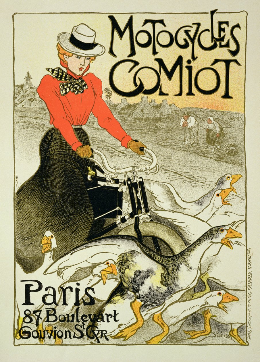Reprodukce plakátu propagujícího motocykly Comiot, 1899 od Théophile Alexandre Steinlen