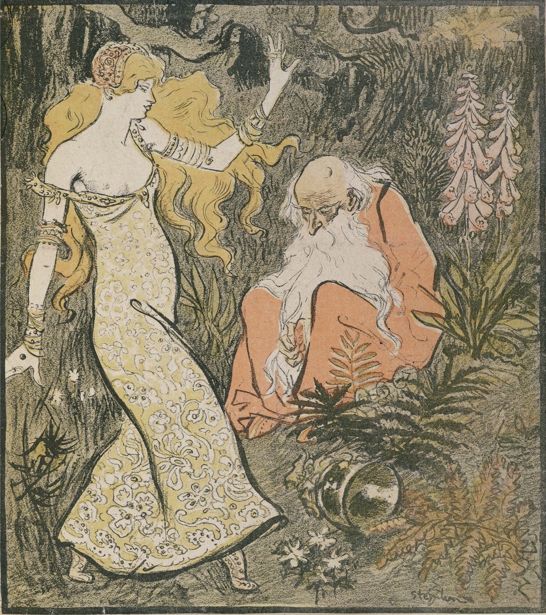 Zaklínač Merlin a víla Vivien v lese Broceliande, z 