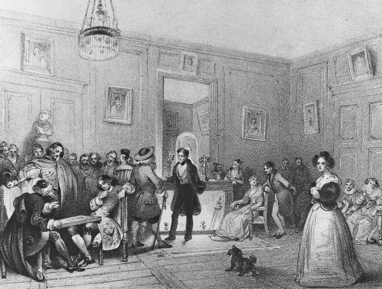 Foyer herců ve Francouzském divadle, rytina Pierre Joseph Challamel, asi 50. léta 19. století od Theophile Evariste Fragonard