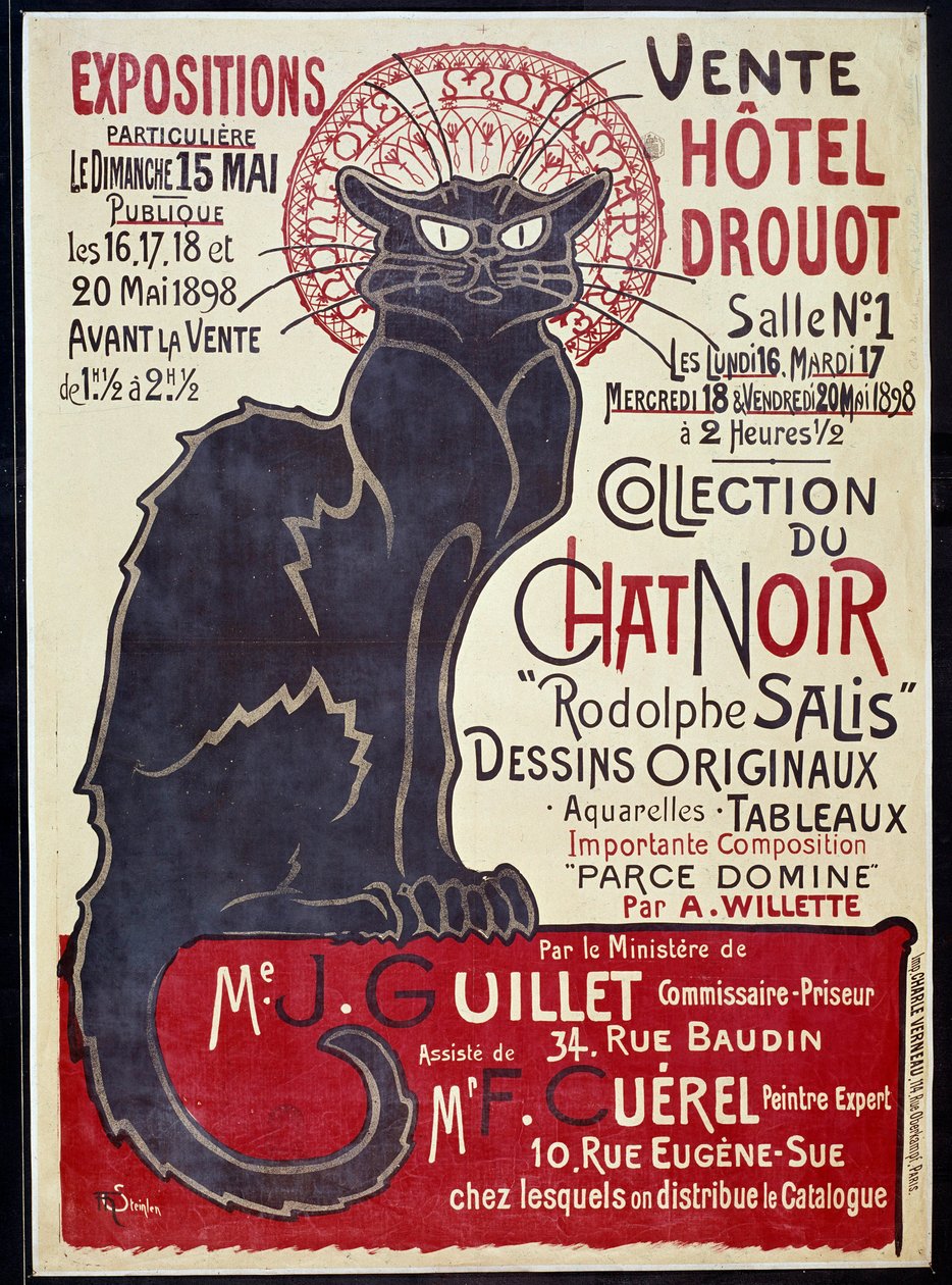 Reklamní plakát oznamující prodej sbírky Cat Noir a děl Rodolpha Salise v hotelu Drouot v roce 1898, ilustrace Theophile Alexandre Steinlen (1859-1923) od Théophile Alexandre Steinlen