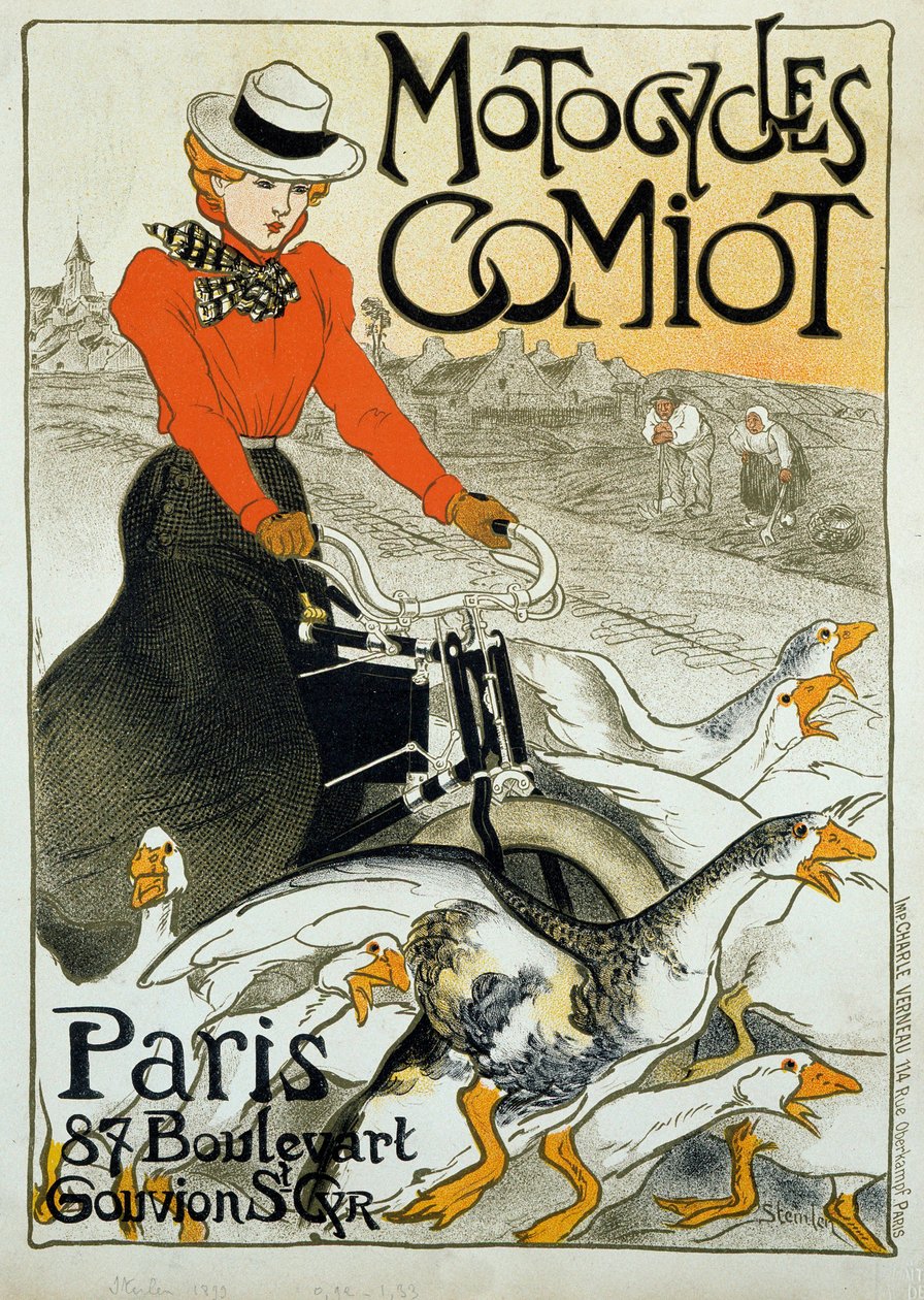 Reklamní plakát na motocykly Comiot. Mladá žena na mopedu se válí mezi skupinou hus. Plakát Theophile Alexandre Steinlen (1859-1923). 1899. Paříž, dekorativní umění. od Théophile Alexandre Steinlen