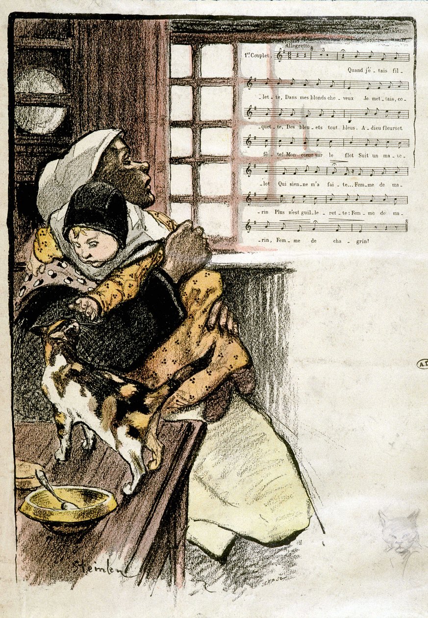 Dítě v náručí ženy, která si hraje s kočkou, nemocná. Steinlen pro noty, s.d. 19e s. od Théophile Alexandre Steinlen