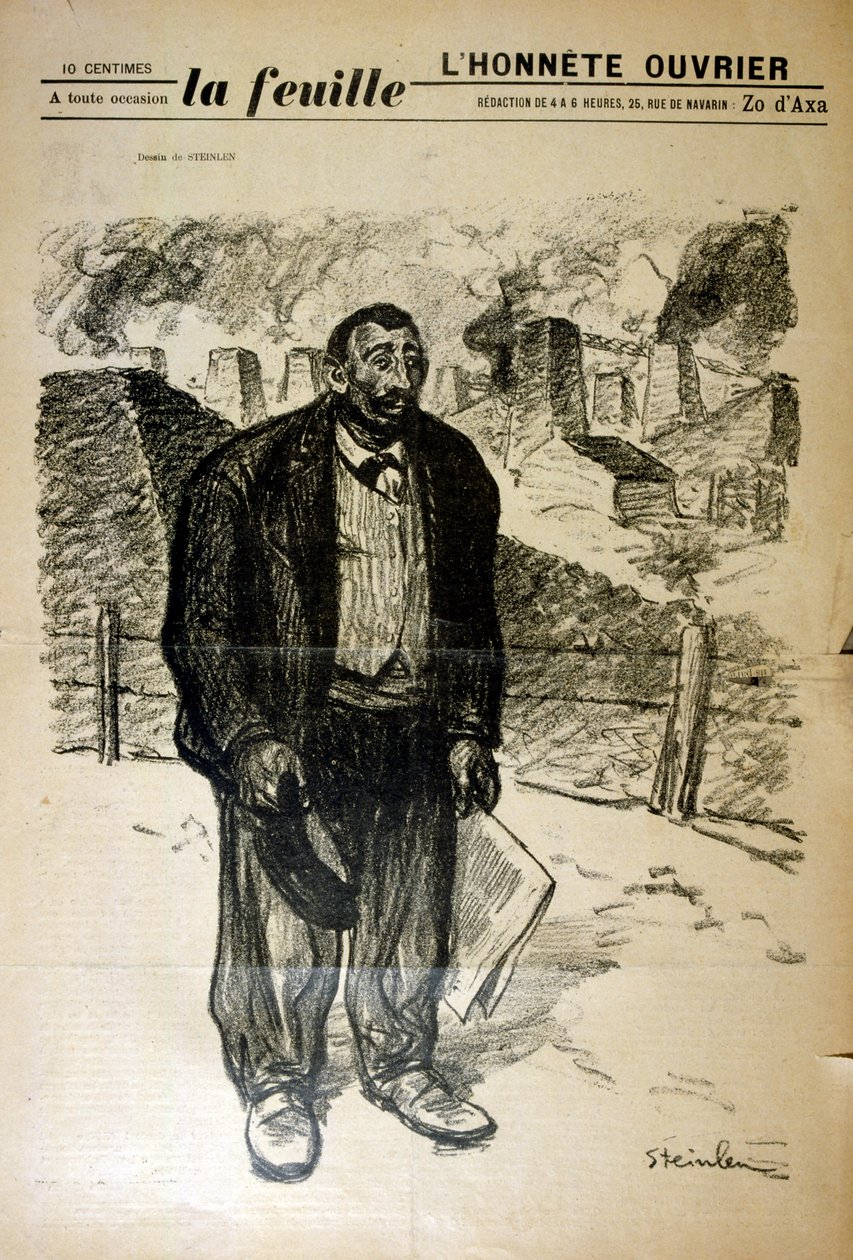 Kresba chudého továrníka proti průmyslové krajině od Alexandra Steinlena (1859-1923), francouzského secesního malíře a grafika švýcarského původu. od Théophile Alexandre Steinlen