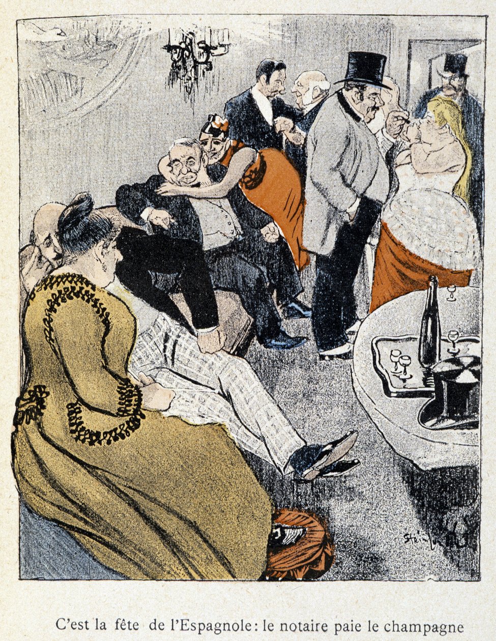 Filles et Marlous: Je to svátek Španělů: notář platí šampaňské - v „Dans la vie“ od Steinlena 1901 (stejná kresba jako č. 27695) od Théophile Alexandre Steinlen