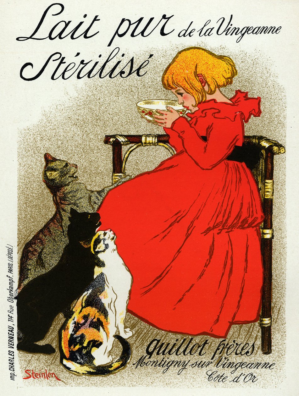 Potravin a nápojů. Vingeanne mléko. Malá holčička s kočkami. Plakát od Steinlena, Francie, kolem roku 1890 (plakát) od Théophile Alexandre Steinlen