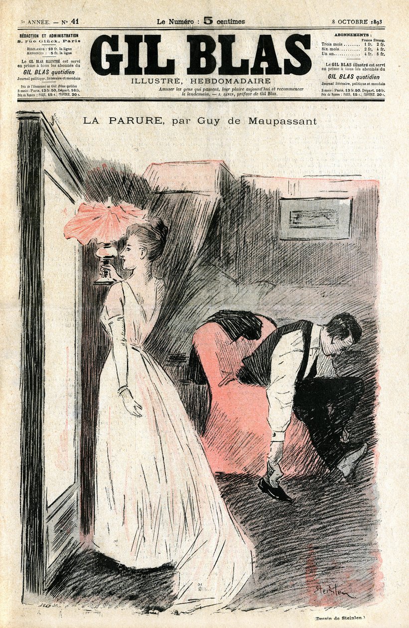 Ilustrace Steinlen k povídce Guy de Maupassanta „The Parure““. Madame Loisel se na sebe dívá do zrcadla, zatímco jí manžel zouvá boty. Zjistí, že ztratila náhrdelník (diamantová řeka), který jí půjčila její přítelkyně Madame Fores od Théophile Alexandre Steinlen