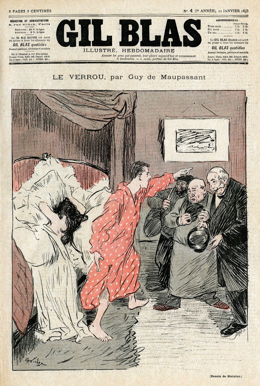 Ilustrace Steinlena k povídce Guy de Maupassanta „Zámek“““. Nelegitimní pár chycený v plné lásce - Cizoložství, překvapení. Obálka Gil Blas č. 4, 22. ledna od Théophile Alexandre Steinlen