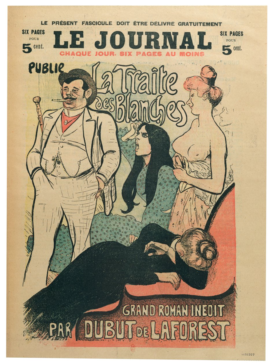 "La Traite des Blanches", kirjoittanut Jean-Louis Dubut de Laforest (1853-1902), "Le Journal" -lehden kansi, 1800-luvun loppu (värilitho) od Théophile Alexandre Steinlen