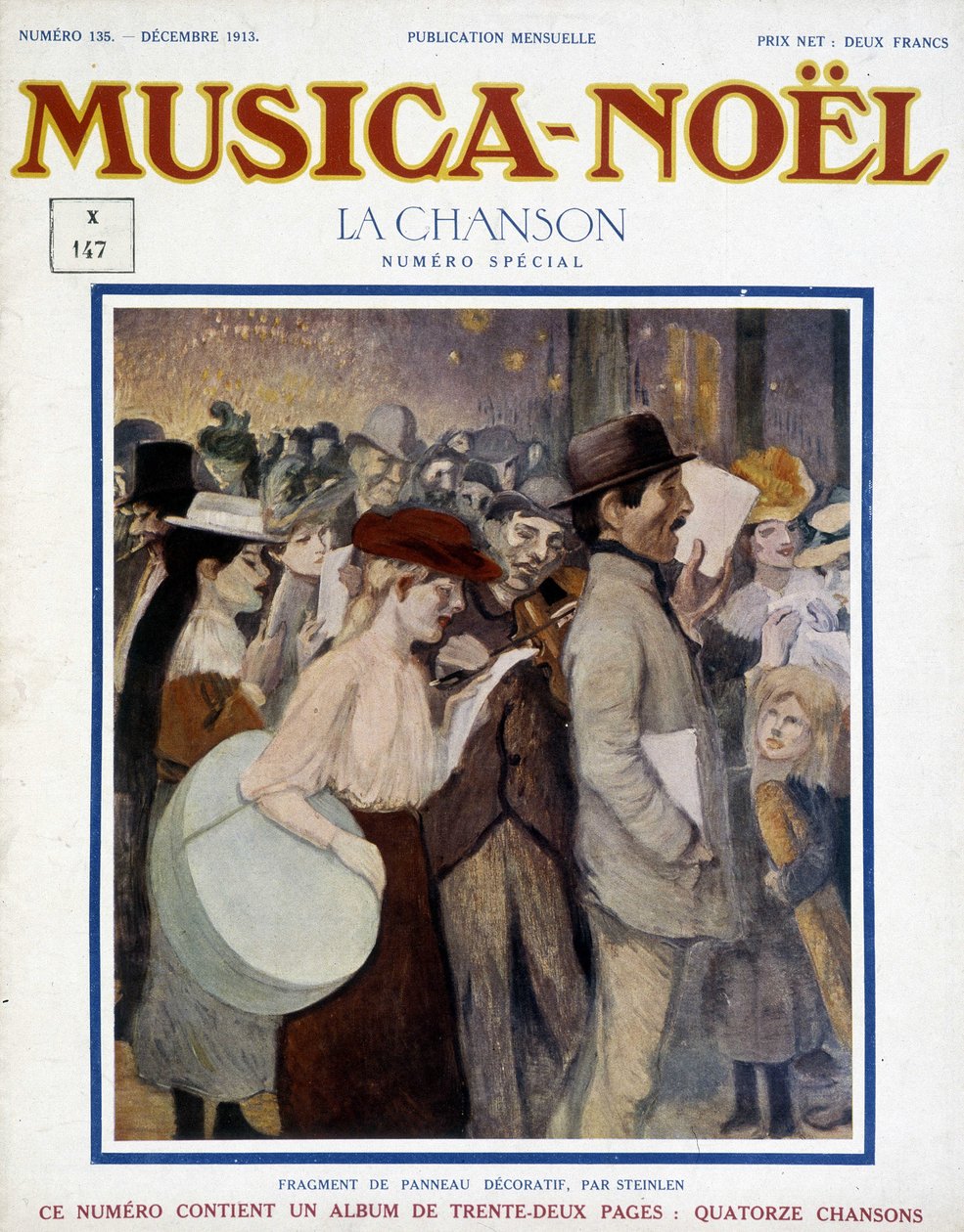 Časopis “” musica Noel”, číslo zvláštní písně z prosince 1913. Obálka se skládá z fragmentu dekorativního panelu od Steinlena. od Théophile Alexandre Steinlen