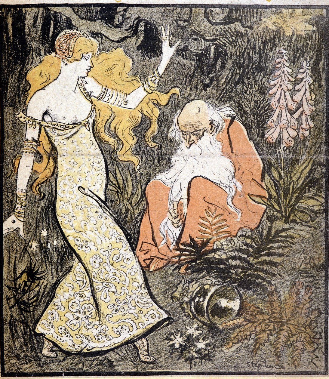 Merlin a Viviane („Brocéliande“) – od Steinlena od Théophile Alexandre Steinlen