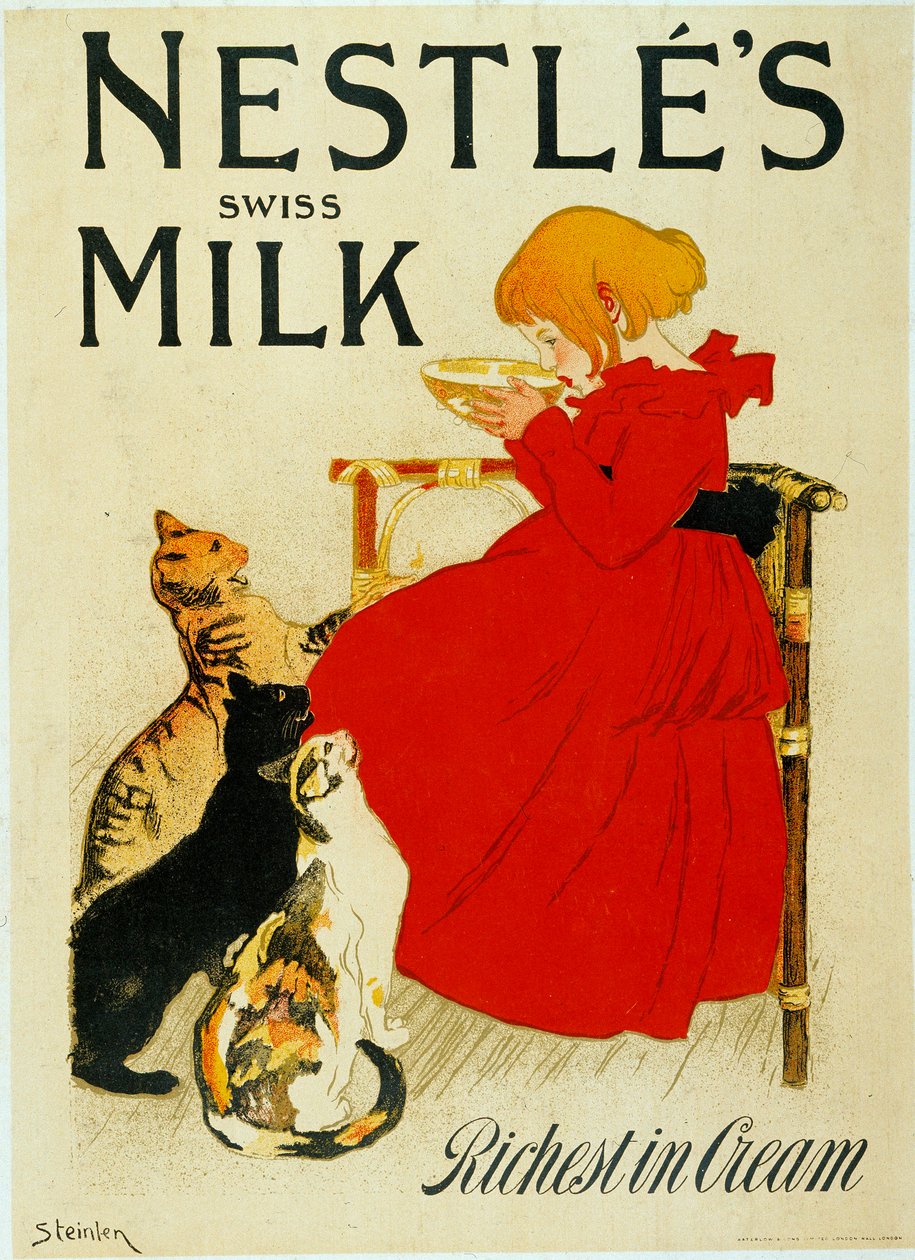 Reklama Nestle: „“Swiss milk“ od Nestle. Dívka pije misku mléka před závistivými kočkami. Plakát Theophile Alexandre Steinlen (1859 - 1923), 20. stol. Paříž, dekorativní umění. od Théophile Alexandre Steinlen