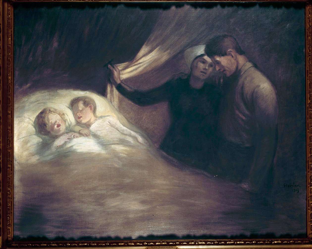 Chudí lidé Pár rodičů ve skromných poměrech si šeptá a pozoruje spící své děti. Obraz Theophile Alexandre Steinlen (1859-1923). 1903 Paříž, dům Victora Huga od Théophile Alexandre Steinlen