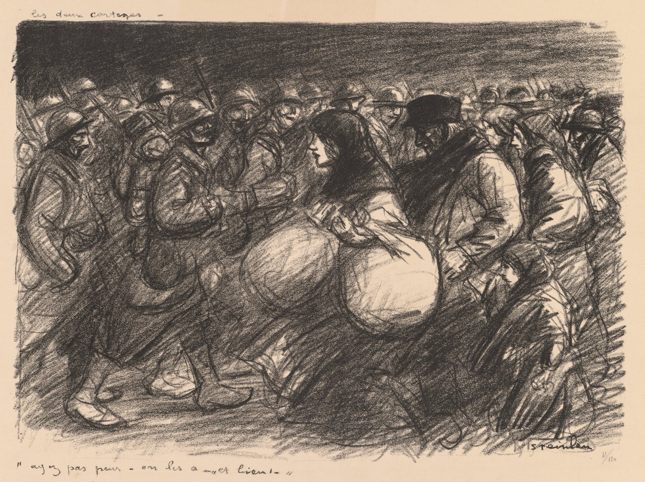 Válečné skeče: Dva průvody (Sketches de guerre: Les deux cortèges - "Ayez pas peur - on les a - et bien!") od Théophile Alexandre Steinlen