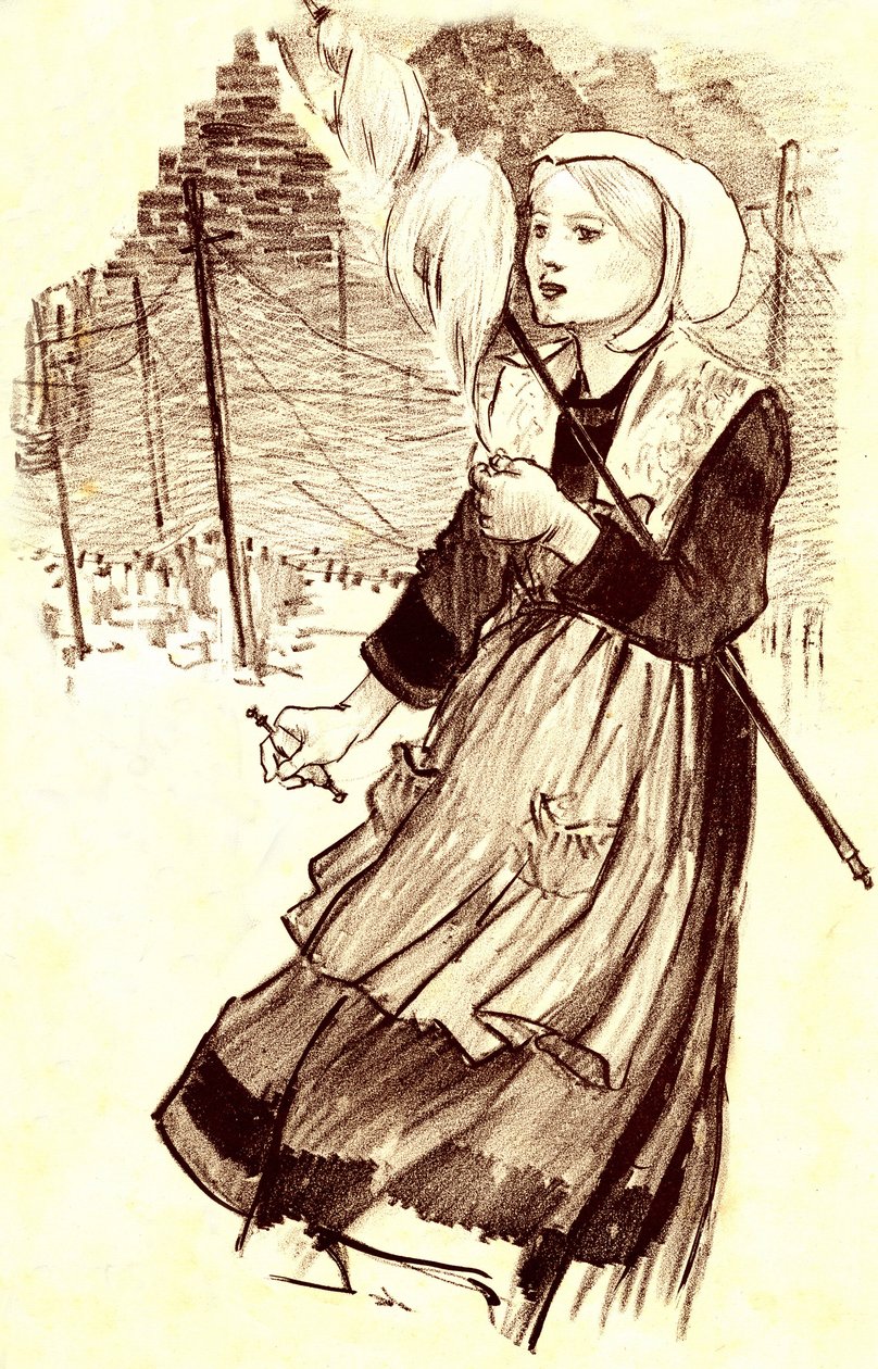 mladý vesničan - přadlena - kresba (detail) od Steinlena (1859-1923) k ilustraci písně „“ Why file tu? "" - konec 19. století od Théophile Alexandre Steinlen