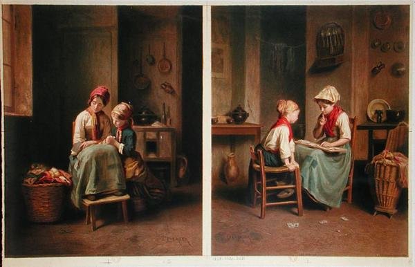 Lekce a karetní hra, vytištěno v roce 1858 (barevně lito) od Theophile Emmanuel (after) Duverger