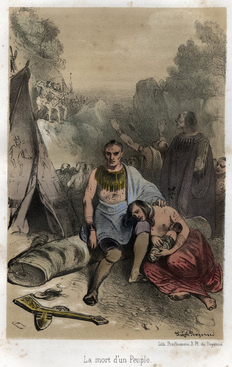 Hurónské masakry Irokézů v Kanadě v roce 1763 (Pařížská smlouva). Rytina z roku 1845 v „“ Dramatická a malebná historie jezuitů od založení řádu po současnost““ od Adolphe Bouchera, kresba Theophile Fragonar od Theophile Evariste Fragonard