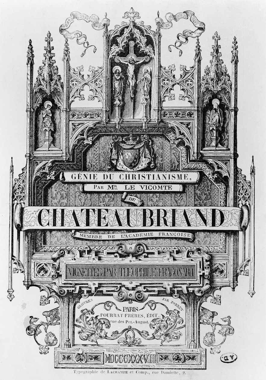 Titulní strana k „Le Genie du Christianisme“ od Francoise Reneho (1768-1848) vikomta z Chateaubriand, vyryla Henri Desire Porret, 1838 od Theophile Evariste Fragonard