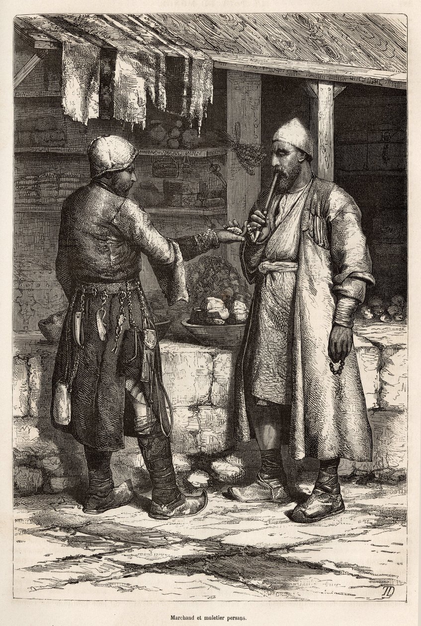 Perský obchodník a výrobce mezků ve vesnici Arménie, rytina podle kresby autora, ilustrující cestu v Lazistánu a Arménii, Theophile Deyrolles, v roce 1869, publikovaná v „“Le tour du monde““ 1875, editoval Edouard Charton, Hache od Theophile Louis Deyrolle