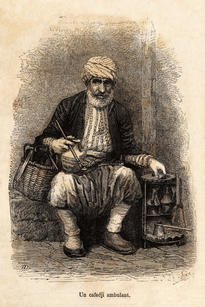 Kavárenský prodavač (cafedji) cestující na bazaru v Trebizonde (dnešní Trabzon, na pobřeží Černého moře), rytina podle kresby vypravěče, ilustrující cestu do Lazistanu a Arménie, z roku 1869, Theophile Deyrolle, vyd. v „“ Le to od Theophile Louis Deyrolle