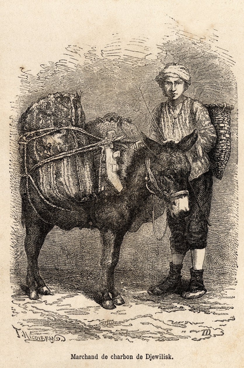 Obchodník s uhlím se svým oslem v Djewilisk (Severní Anatolie), vyrytý podle kresby vypravěče, ilustrující cestu v Lazistánu a Arménii, z roku 1869, od Theophila Deyrolla, publikované v „“Le tour du monde““ 1875, editoval Edouard Charton od Theophile Louis Deyrolle