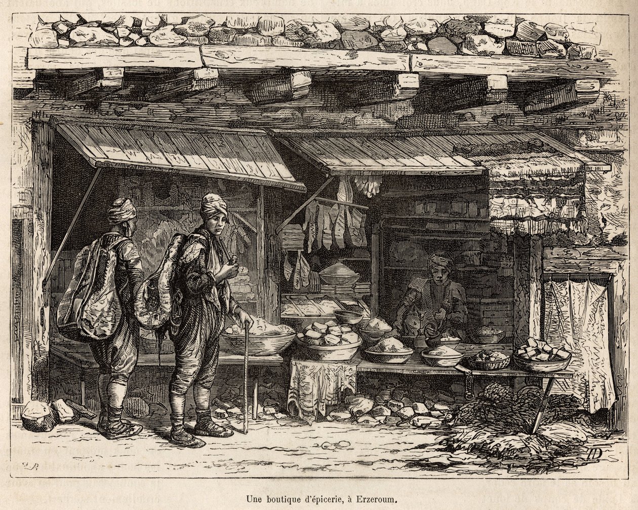 Obchod s potravinami v Erzeroumu (Arménie), vyrytý podle kresby autora, ilustrující cestu v Lazistánu a Arménii, Theophile Deyrolles, v roce 1869, publikovaný v „“Le tour du monde“““ 1875, editoval Edouard Charton, Edice Hachette, Paříž. od Theophile Louis Deyrolle