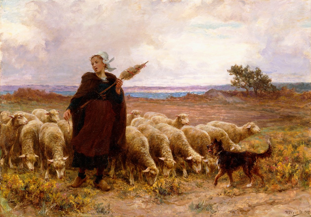 Pastýřka se svým stádem, 1907 od Theophile Louis Deyrolle